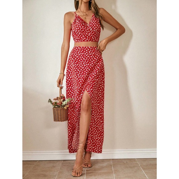 ❗️2 piece skirt set: boho Floral Print Cami Top & Split Thigh maxi Skirt - Picture 5 of 8